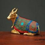 Brass Nandi Cow Sitting Statue with Stonework