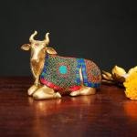 Brass Nandi Cow Sitting Statue with Stonework